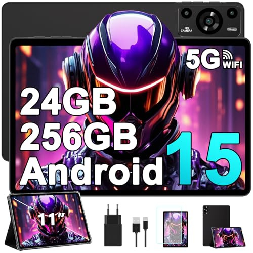 ZIOVO Android 15 Tablet 11 Pulgadas, 24GB RAM+256GB ROM (TF 1TB), 5G WiFi, Widevine L1/Octa-Core/2.0 GHz/8000mAh/Cuerpo Metálico/13+5MP, Tablet con Funda- Negro
