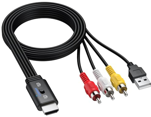 CAMWAY Adaptador RCA a HDMI con Switch 16:9/4:3, 1080P Convertidor AV a HDMI CVBS Compuesto con 150CM Cable RCA Macho Integrado, Diseño de Cable Todo en Uno, Compatible con PAL NTSC para DVD VCR VHS