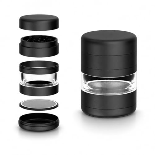 Grinder metal 5 partes GLASS CAP | Capsula de gran capacidad | Aluminio CNC Premium Anodizado de grado industrial | 54mm de diámetro | Molinillo para hierbas y especias. (Negro)