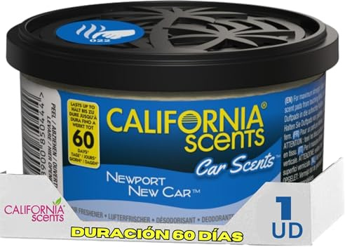 California Scents Ambientador de coche en Lata - Fragancia Duradera de Coche Nuevo (Hasta 30 Días) - Control de Intensidad de Olor para un Ambiente Fresco y Personalizado en tu Coche, 42g