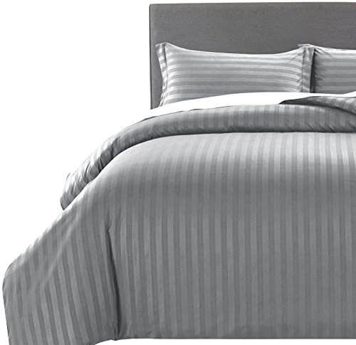 MOONLIGHT20015 Double Duvet Set Reversible Stripes Satin Double Bedding Set with 2 Pillowcases Soft Hypoallergenic Duvet Cover (Grey 200x200 CM)