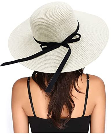 Damen Strohhut, Klappbarer für Damen, Sonnenhut Strand Breite Krempe UV Schutz Floppy Faltbare Packable Große breite Krempe Cap Strandhut (Weiß)