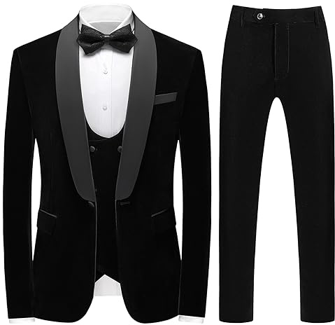 Mens Velvet 3 Piece Tuxedo Suits Slim Fit Shawl Collar One Button Dinner Prom Jacket Vest Pants Suit Set Black