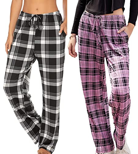 Ekouaer Womens 2 Pack Lounge Pants Comfy Pajama Pants Plaid Pajama Bottoms with Pockets Drawstring Pj Bottoms