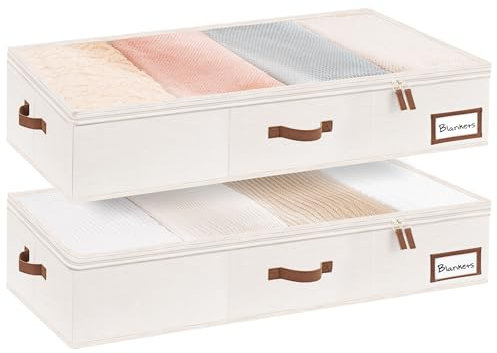 StorageWorks Large Underbed Storage Boxes with Lids, Under Bed Containers for Bedroom Accessories Organising Clothes Bedding, Under Bed Storage Organisers Sturdy and Ultra Thick, Ivory White, 2-Pack