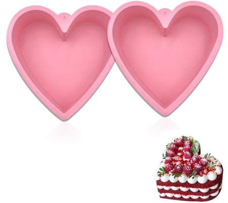 UEPOA Teglia da forno a forma di cuore, 2 pezzi, 10 pollici, in silicone, a forma di cuore, per torte, dolci, budini, antiaderenti (rosa)