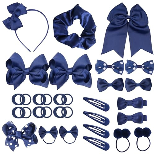 50Pcs Girls School Hair Accessories Kit Navy Blue Bow Hair Clips Headband Ponytail Holder Bow Barrettes for Girl Teen Toddler Birthday Gift