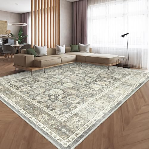 HOMFINE Gris Alfombra Salon Vintage 160x230 cm Grande Alfombras Lavable en Lavadora Pelo Corto Antideslizante Rug Carpet Tapete Sala para Habitacion Comedor Dormitorio Cocina Exterior