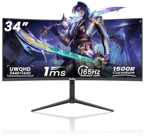 Sealan 34 Inch UWQHD Curved Gaming Monitor,165Hz 3440x1440 Ultrawide PC Monitor 1500R,21:9 Display,PIP/PBPm,HDR400,4000:1 Contrast,Tilt/Swivel/Height Adjustment,HDMI2.0 & DP1.4