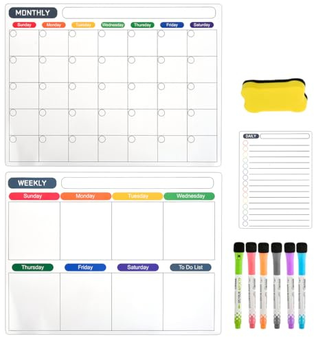 YOPEUC 3 Pack Magnetic Calendar for Fridge, Weekly Planner Whiteboard Calendar for Fridge, Magnetic Monthly Planner for Fridge with 6 Markers and 1 Eraser for Fridge Adults and Children 40 x 30cm