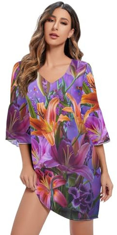 Vibrant Bouquet Lilies Robe courte en mousseline de soie imprimée Violet S-XXL, Bouquet de lys violet vif, S
