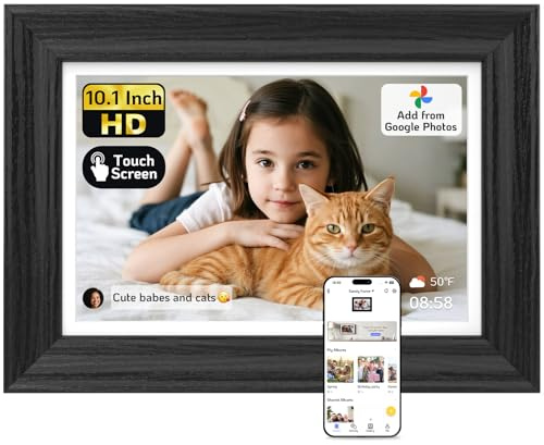 NexFoto Cornice digitale touch screen da 10,1 pollici, cornice fotografica WiFi elettronica 64 GB, facile da condividere foto/video tramite app/USB/Micro SD, per mamma, compleanno, legno nero