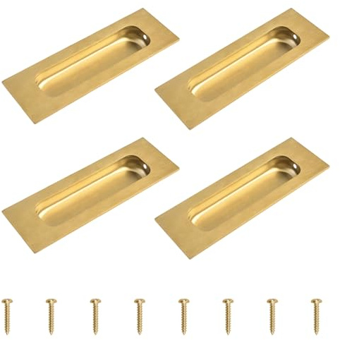 MOROBOR Lot de 4 poignées carrées en acier inoxydable brossé doré encastré de 12 cm de long pour armoire et tiroir