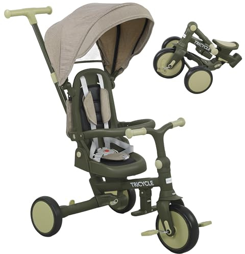 AIYAPLAY Kids Trike, Foldable Toddler Tricycle 5 in 1 with Adjustable Parent Handle & Removable Canopy, 5-Point Harness, Footrest, Storage Bag, for Ages 1-3 Years, Dark Green