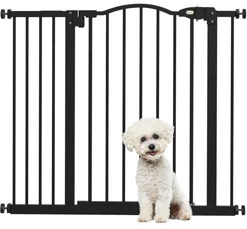 PawHut Barrera de Seguridad para Perros Extensible 74-94 cm, para Puertas y Escaleras, Barrera para Perros con Extensión 14 cm, Montaje a Presión y Doble Bloqueo, Negro