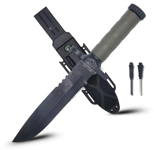 Generico Coltello Sopravvivenza con Lama da 19 cm in Acciaio Inossidabile, Manico Verde e Fodero in ABS, Accendifuoco, Fischietto e Pietra per Affilare – Ideale per Campeggio, Caccia e Pesca