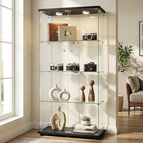 Aislinglen Vitrina de cristal con iluminación LED, armario con vitrina negro 164,5 x 80,6 x 36,5 cm, puertas de vidrio con cerradura, vitrina de pie con 2 luces LED, vidrio de seguridad templado de 5