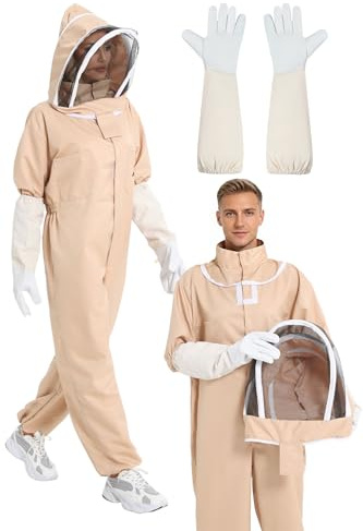 Imkeranzug Herren & Damen | Bienenanzug für Herren | Bienenschutzkleidung Ganzkörper Imkerei Schutzanzug | Unisex Weiß Imker Kostüm mit Schleier, Handschuhe (L)