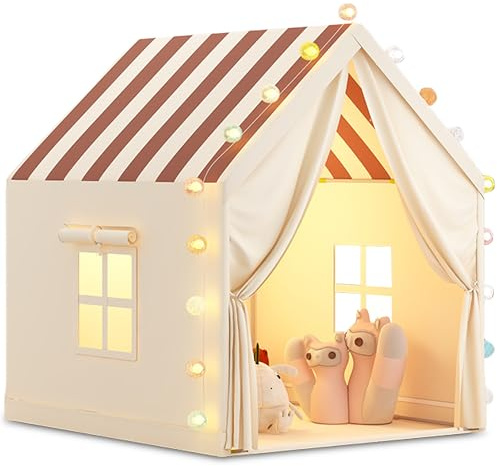Tente de Jeu Enfants Intérieure avec Lumineuse Décorative, Beige à Rayures | Cabane Confortable pour Enfant et Tout-Petits, Cadeaux d'Anniversaire et de la Fête des Enfants pour Filles et Garçons