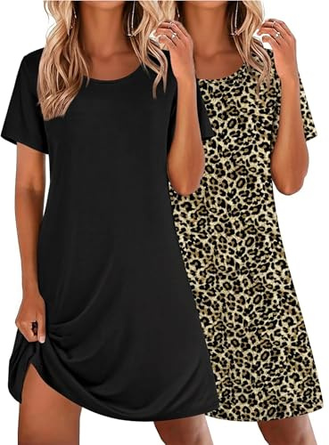 Ekouaer Nattlinne damer, tvådelad sovskjorta, kortärmade nattkläder, sovskjorta, lätt sovtröja, 2-pack, S–XXL