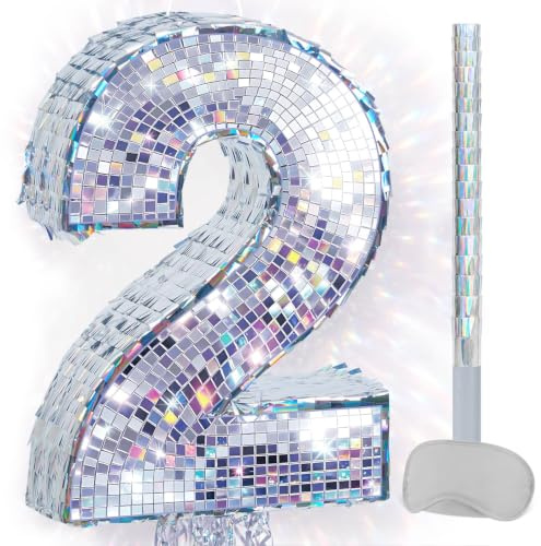 WERNNSAI Disco Number 2 Pinata Silver Second Birthday Party Decorations | Shiny 2nd Birthday Decor Disco Pinata with Stick and Blindfold Supports Hit or Pull Two Ways to Play Hold 3lbs Pinata Fillers