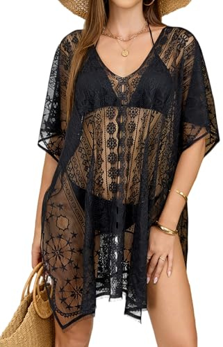 Cache-Maillot Femme en Dentelle Col V, Cover Up pour Maillot de Bain et Bikini, Vacances, Noir