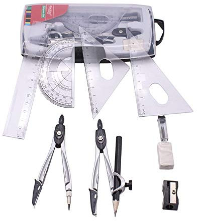 Geometrie,Zirkel Mathe-Set Schulbedarf Zirkel 10-Teiliges Set Inkl. Lineal Winkelmesser Kompass Bleistiftspitzer Bleistift, Bleistiftmine und Radiergummi (Mit Aufbewahrungsbox)