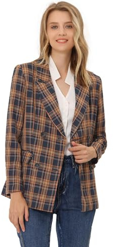 Allegra K Disfraz de Navidad para Mujer, Solapa con Muesca, Doble Botonadura, Trabajo A Cuadros, Chaqueta Formal, Chaqueta Azul Oscuro M