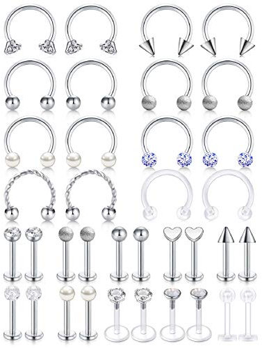 AceFun lippenpiercing Nasenpiercing Ringe Chirurgenstahl 16G Silber Lippenpiercing stecker 36 Stück Lippenring Tragus Helix Knorpel Ohr Piercing 8mm