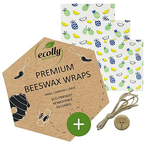 ECOLLY bivax wraps set om 3 (S, M, L), bivaxpapper, bivax wraps, plastfri & återanvändbar, UTAN jojobaolja, inklusive knapp & bomullstråd - Hawaii