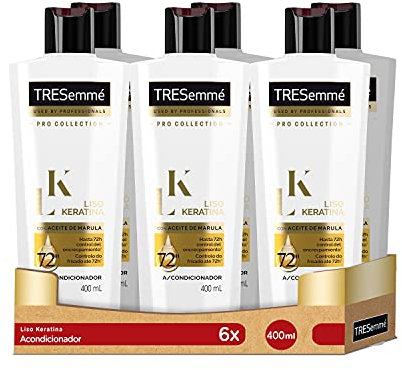 TRESemmé Acondicionador Liso Keratina para pelo encrespado o dañado con aceite de Marula y Keratina - Pack de 6 x 400ml