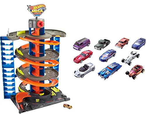 Hot Wheels City Power-Parkgarage Spielset mit Aufzug, für 60+ Fahrzeuge, mit 1 Hot Wheels Fahrzeug im Maßstab 1:64 & 1:64 Die-Cast Auto Geschenkset, je 10 Spielzeugautos, 10er Pack