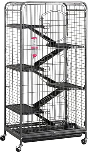 Abician Cage pour Petits Animaux à roulettes, Cage pour Rongeurs avec 5 Rampes et 5 Plateformes, Cage en Métal Multiniveaux avec 3 Portes pour Cochons d'Inde, Furets, Chinchillas Noir