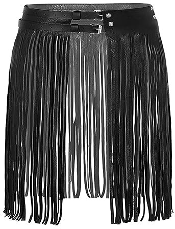 wangjiangda Damen Lederrock Fransenrock Schwarzer PU-Leder Gürtel für Club Cosplay Tanzkostüm Rave Outfit Kunstleder Quaste Party Cowgirl Taillengürtel Kleidung Hippie Boho Hohe Taille Verstellbarer