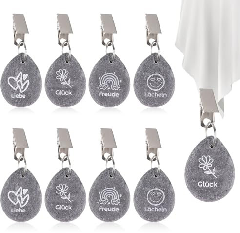 8 Stück Tischdeckenbeschwerer für Draußen, Tischdecken Beschwerer aus Naturstein mit Klammer, Tischdeckenhalter Gewichte Tischdecke mit 4 Muster(Liebe, Blume, Sonne) für Party Picknick Hochzeiten