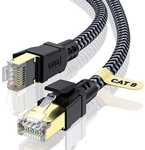 CABNEER Câble Ethernet 2M, RJ45 Cat 8 Câble Réseau 40Gbps 2000MHz Haut Débit Câble, Nylon Tressé Double Blindage LAN Câble Internet, Compatible avec Routeur Modem TV