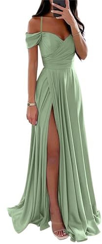 YIANN Robe de demoiselle d'honneur en satin à épaules dénudées pour femme avec fente plissée, vert sauge, 42