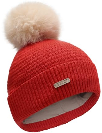 ZLYC Barn vintermössor för flickor pojkar pom pom mössa bomull fodrad stickad mössa, Solid röd, one size