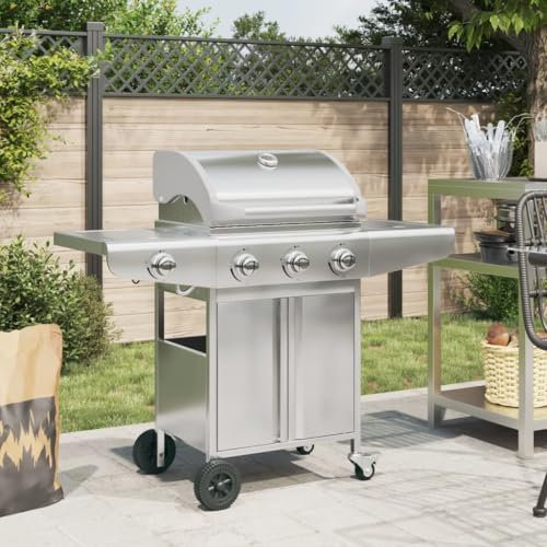 Rainery Barbecue Gril à gaz avec 4 brûleurs argenté Acier Inoxydable