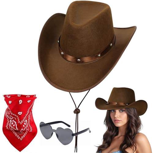 Aomig Chapeau de Cowboy Western - Déguisement pour Adultes avec Lunettes de Soleil et Bandana - Accessoires de Costume pour Halloween et Carnaval