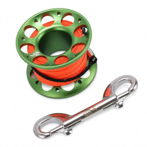 Fabater Tauchrolle, Fingerspule aus Aluminiumlegierung für Wrack- und Höhlentauchen mit 15 m/49,21 ft gut sichtbarer Leine und doppelseitigem Karabinerhaken – ideal für Outdoor (Green)