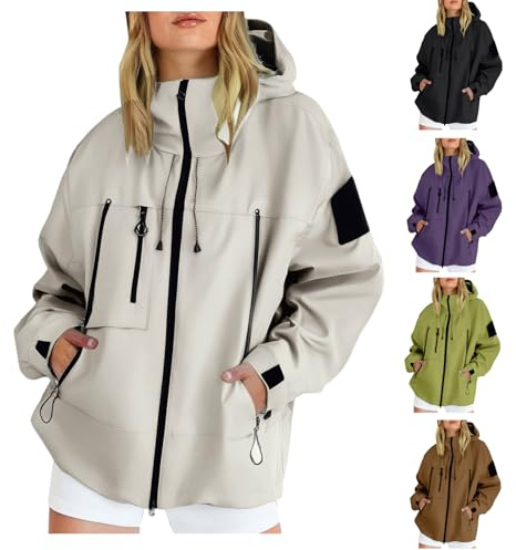 Running Jacket Women, Casual Outdoor Raincoats with Hooded, Breathable Zip Up Softshell Jackets with Pockets, for Spring Fall Winter, Ladies Lightweight Jackets