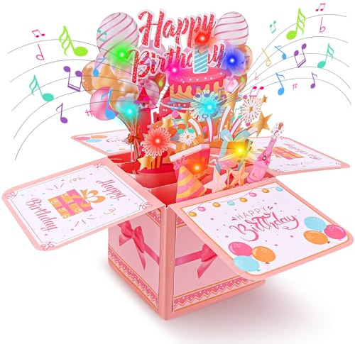 Mexgcom 3D Carte Anniversaire Musicales et Lumineuses Amusantes, Boîte 3D Tridimensionnelle avec des Lumières Flash Colorées Souhaits D'anniversaire, Carte de Félicitations avec Enveloppe (Rose)