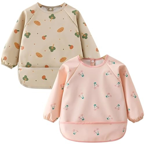 DiiWmme Babero con mangas para bebé, impermeable de manga larga con bandeja recogedora, material de poliuretano suave para bebés de 0 a 24 meses, babero de alimentación para mantener la limpieza al