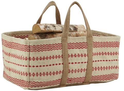 AUBRY GASPARD - Sac à Bûches en Jute Naturel Rouge - Motifs Graphiques - 60x40x30 cm - Fabrication Artisanale Robuste - Idéal Rangement et Transport Bois Chauffage