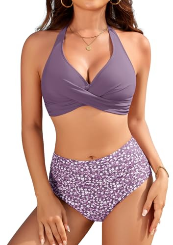 UMIPUBO Costume Donna Due Pezzi Bikini Vita Alta Pancia Pieghe Collo A V Collo Halter Sexy Schiena Nuda Contenitivo Curvy Modellante Push Up con Coppe Stampa Minifloreale Mare Costume da Bagno
