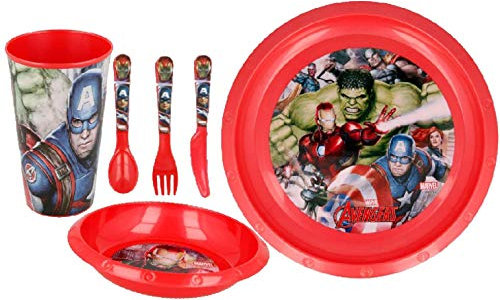 Avengers 6pc Breakfast Set Inc Plate, Tumbler, Bowl, Knife,Fork and Spoon re-usable Plastic