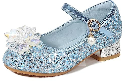 Eleasica Scarpe da Principessa per Ragazze Scarpe col Tacco Bambine Punta Chiusa Ballerine Principessa Cenerentola Elsasica Sera Matrimonio Festa Cocktail Mary Jane,Blu,27