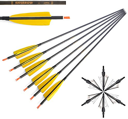 SHARROW 12 Stücke Carbonpfeile 34 Zoll Bogenpfeile mit Naturfedern Jagd Pfeile für Bogen 400 Spine Carbon Pfeile mit Broadheads (Gelb)