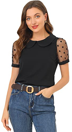 Allegra K Camicette da donna, a pois, camicetta vintage con colletto Peter Pan, top a maniche corte da donna, Nero , 40
